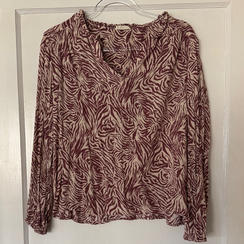 Zebra Print V-Neck Blouse - Burgundy and Cream